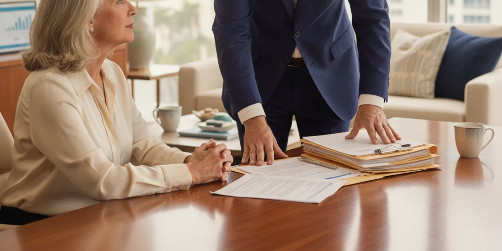Financial advisor discussing estate and legacy planning documents with an older client in Miami — Financial Advisor Miami Plus