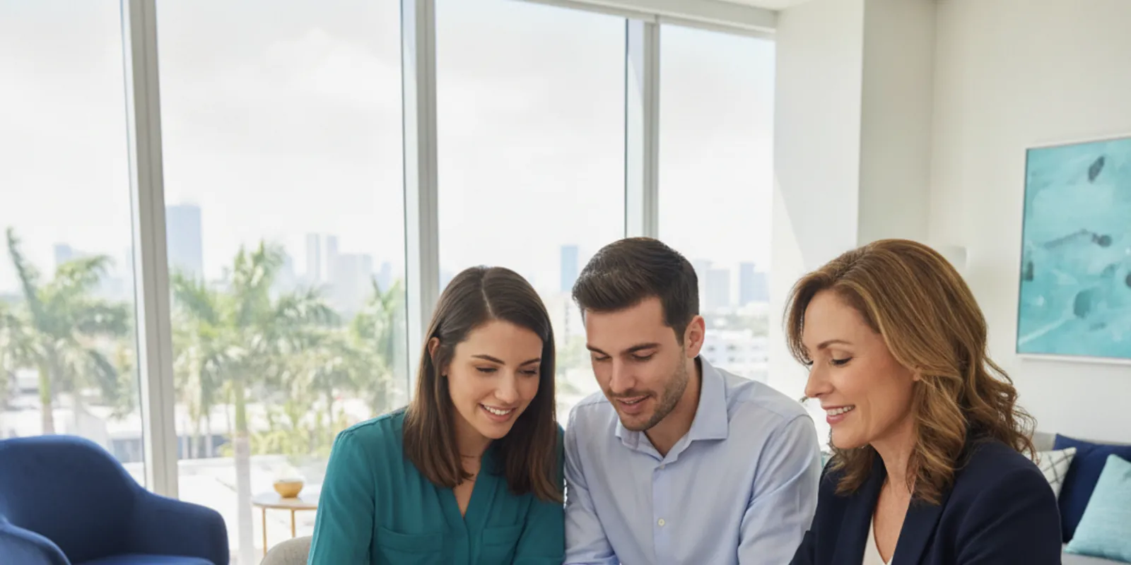 Financial advisor presenting a written financial plan to a young couple in a Miami office — Financial Advisor Miami Plus