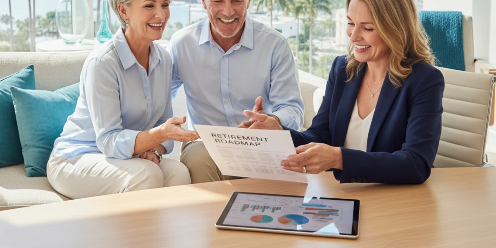 Financial advisor reviewing a retirement plan with a retired couple in a bright Miami office — Financial Advisor Miami Plus
