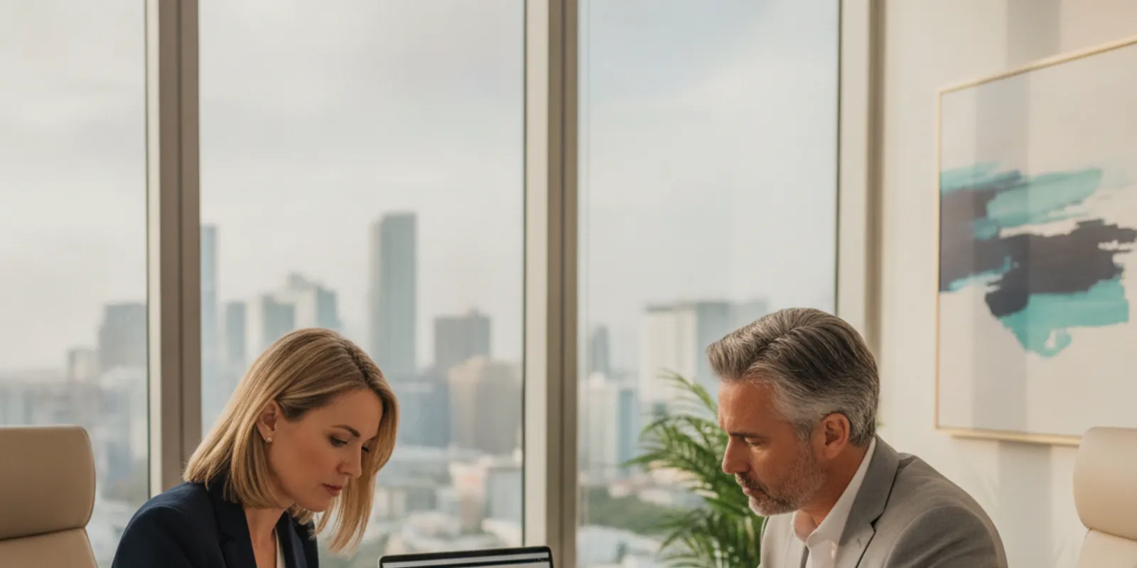 Financial advisor reviewing tax-planning documents with a client at a desk in a Miami office — Financial Advisor Miami Plus